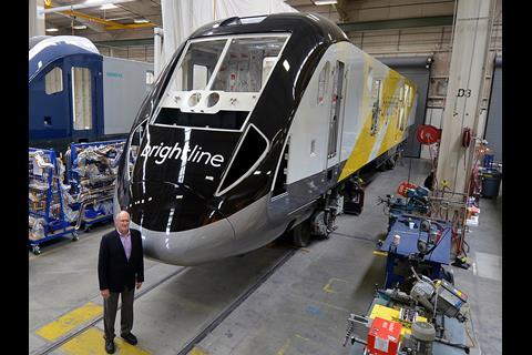 The first Charger locomotive for the future Brightline service between Miami and West Palm Beach was unveiled at Siemens’ Sacramento plant on June 7 (Photo: David Lustig).